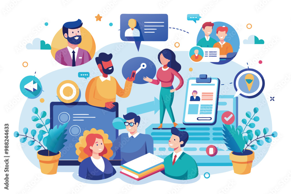 Poster a group of professionals collaborates using a customizable crm system to improve client relationship