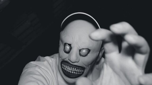 A man in a scary monster mask in a dark attic. Black and white video. The man is wearing a white sweatshirt and a baseball cap on his head. Emotional and dramatic atmosphere