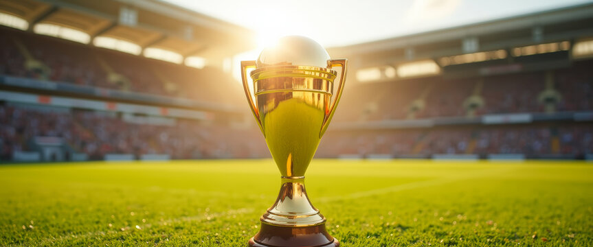 Golden Trophy on Green Grass in Stadium