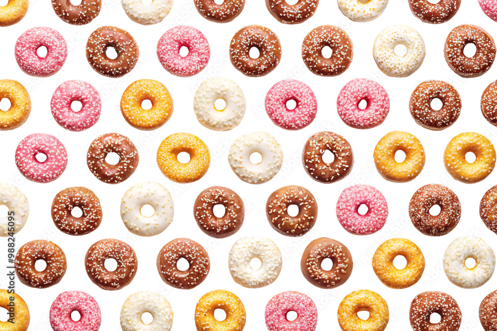 Poster an arrangement of various mini donuts, featuring rows of mini donuts with a variety of colorful topp