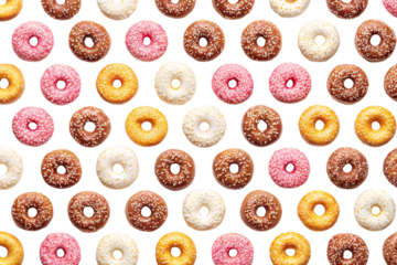 An arrangement of various mini donuts, featuring rows of mini donuts with a variety of colorful toppings, neatly arranged against a transparent background