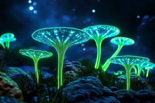 Alien ocean world, where glowing plants and strange sea creatures dominate the underwater environment