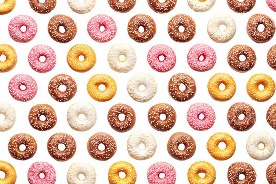 An arrangement of various mini donuts, featuring rows of mini donuts with a variety of colorful toppings, neatly arranged against a transparent background