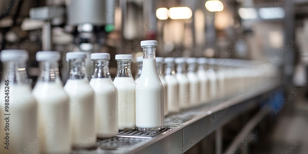 Canvas Prints Factory Milk Bottling Line at Dairy Production Plant Glass bottles with a dairy product on a production line 