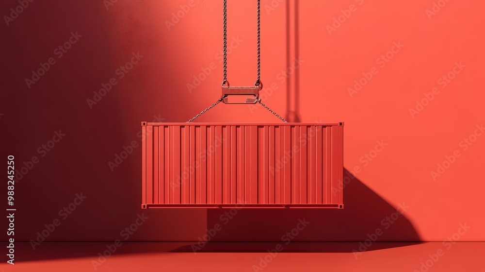 Poster efficient service delivery concept - red cargo container being lifted by hook in modern 3d rendering