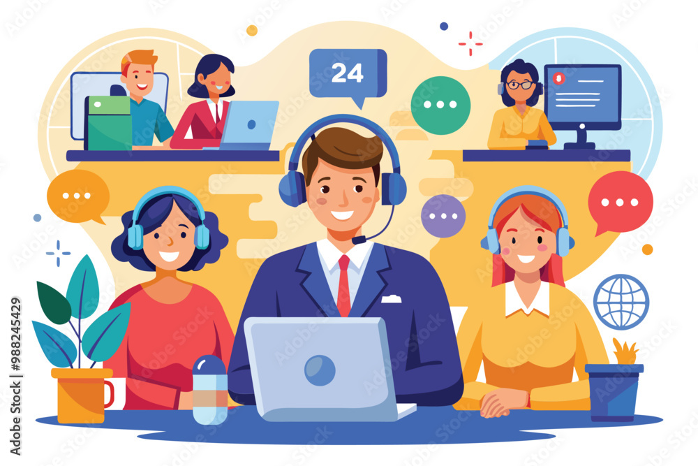 Poster a call center team engages with customers, showcasing satisfaction feedback initiatives and fast res