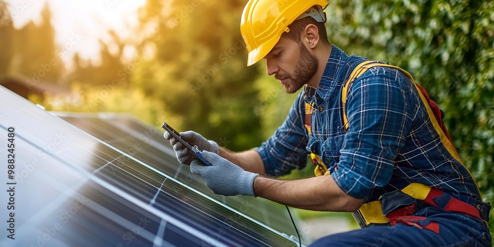Poster electrical engineer troubleshooting issues with solar panel connections, ensuring seamless energy fl