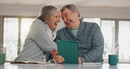 Senior couple, tablet and home for online taxes, happy and website for credit score success. Elderly people, calculate pension and notebook for bills or payment, finance and embrace for security