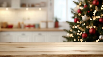 Warm and festive kitchen scene with a wooden table and a beautifully decorated Christmas tree in the background.