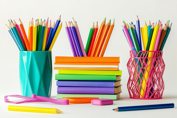 Fototapeta premium There are colored pencils, notebooks, and other school supplies