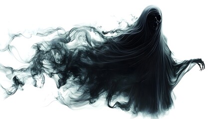 Enraged ghostly figure, Halloween masks swirling around, dark and haunting style, vivid details, isolated on white background