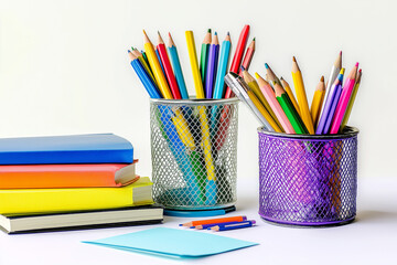 Fototapeta premium There are pencils in metal holders, books, and a piece of paper