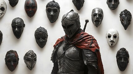 Ethereal knight in ancient armor, surrounded by floating Halloween party masks, surreal and haunting, isolated on white background