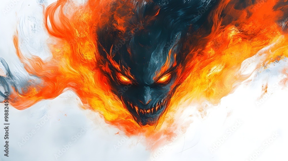 Wall mural fire demon with burning eyes, embers swirling around, adorned with halloween party masks, digital pa