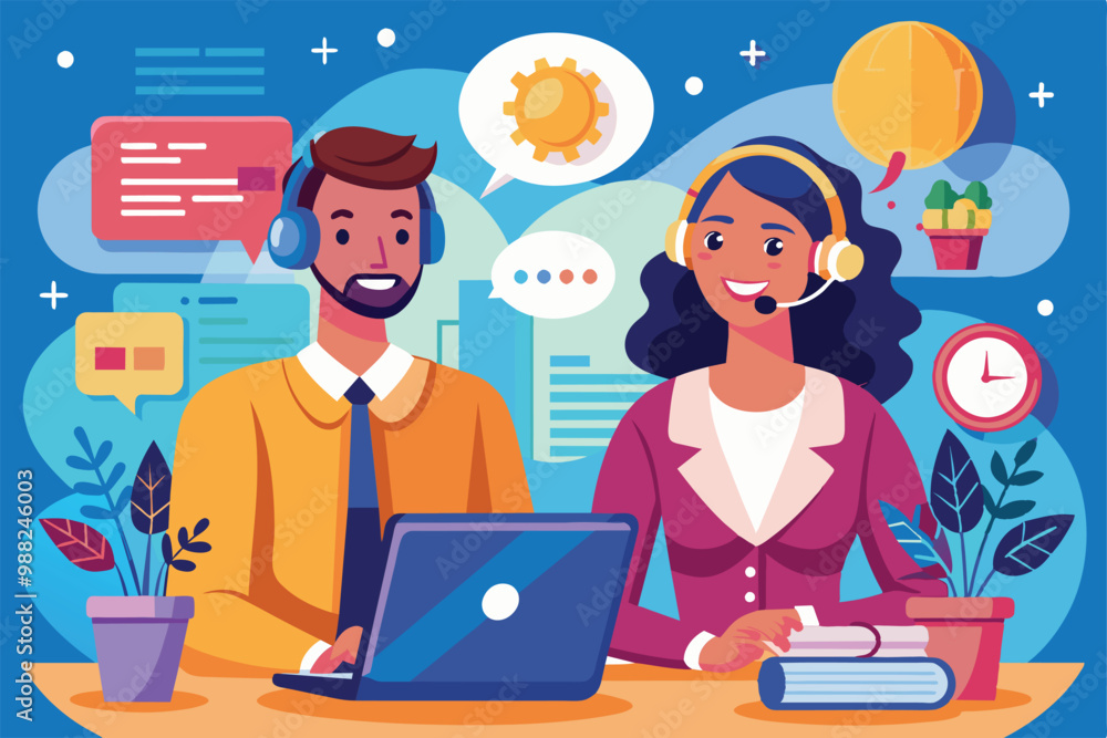 Poster two cheerful customer service representatives provide support using headsets while engaging with cli