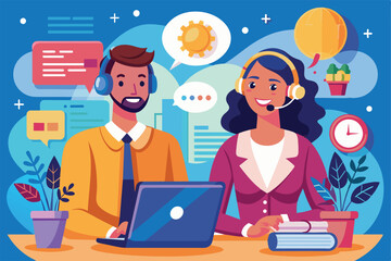 Two cheerful customer service representatives provide support using headsets while engaging with clients through various digital communication channels.