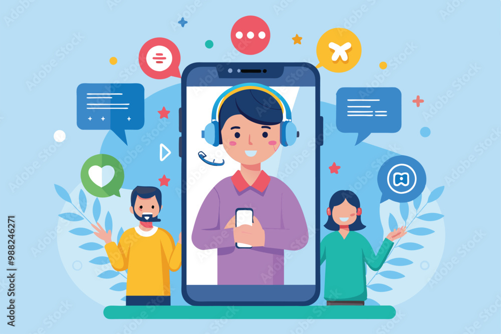 Poster two customer service representatives assist clients through a digital platform, engaging in conversa
