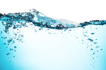 Water Wave, Air Bubbles Float Up Under Water. Water Splashing. Oxygen Relaxation. Blue Water Textured on White Background.	
