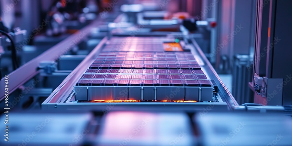 Poster capture the precision of battery cell stacking on the assembly line highlight the seamless integrati
