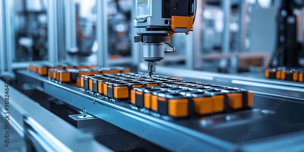 Poster capture the precision of battery cell stacking on the assembly line highlight the seamless integrati