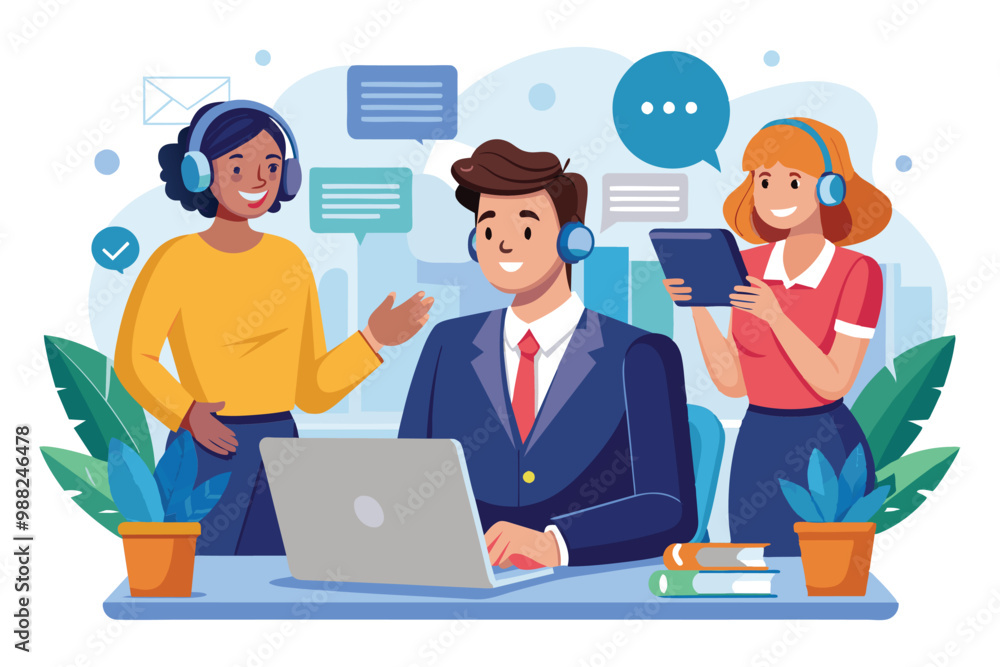 Poster customer service professionals engage in technical support discussions while using a laptop and tabl