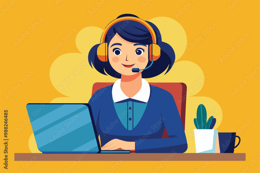 Poster a customer service worker engages with clients through a headset while utilizing a laptop in a vibra