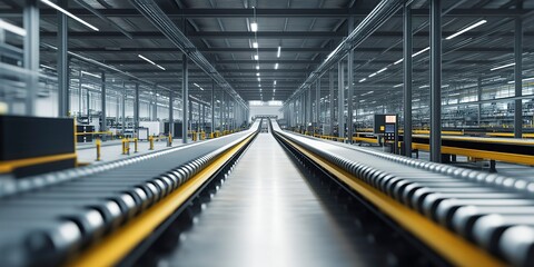 Obraz premium Empty factory production line with conveyor belt in perspective