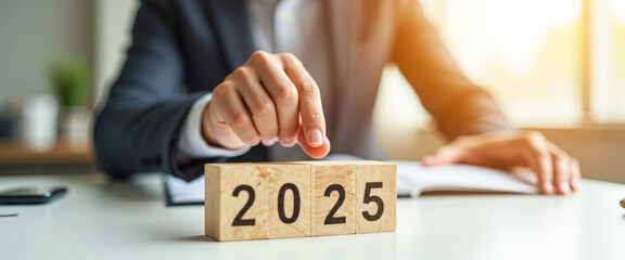 Businessperson Setting Wooden Blocks for the Year 2025