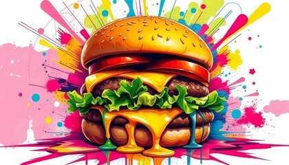 Vibrant Cheeseburger with Colorful Abstract Explosion Background
