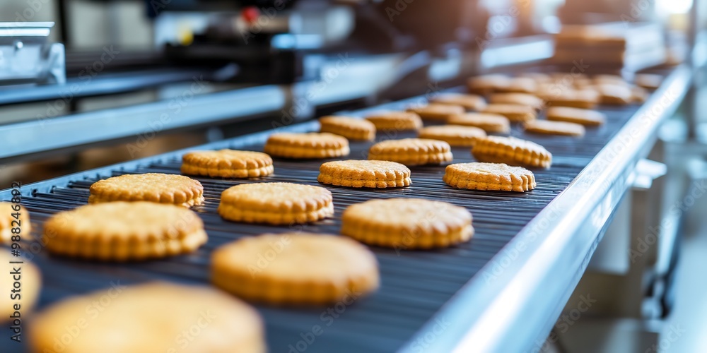 Poster automated production line with conveyor belt making cookies in bakery or confectionery factory