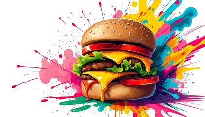Vibrant Cheeseburger with Colorful Abstract Explosion Background