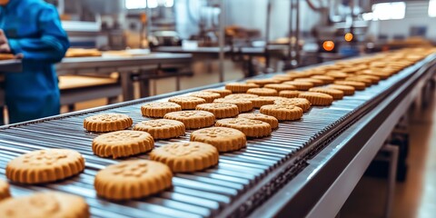 Fototapeta premium Automatic bakery production line with sweet cookies on conveyor belt equipment machinery in confectionary factory workshop, industrial food production 