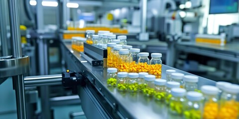 Naklejka premium Automated Robotic vitamins, dietary supplements or medicine tablets Line. Pharmaceutical production plant indoors 