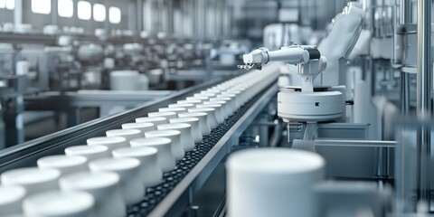 Obraz premium Automated Robotic natural dairy products yogurt Line. Industrial food production plant indoors 