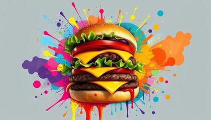 Vibrant Cheeseburger with Colorful Abstract Explosion Background