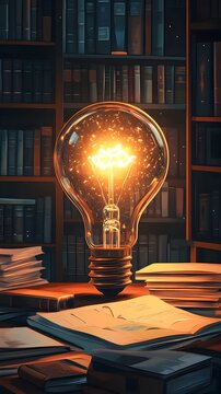 A light bulb glowing in a warm-toned study, scattered books and papers around it, symbolizing academic growth in a clean, flat vector design