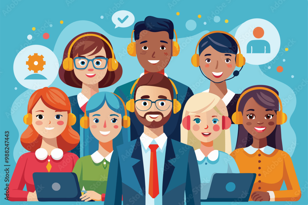 Aufkleber a group of customer support service operators wearing headsets assists clients in a lively office se