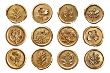 PNG gold wax seal stamp design element set, transparent background