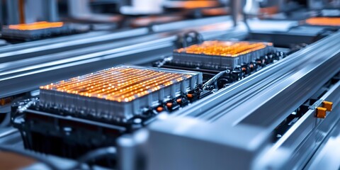 A close-up view of a mass production assembly line of electric vehicle battery cells, highlighting the precision and efficiency of modern technology. 