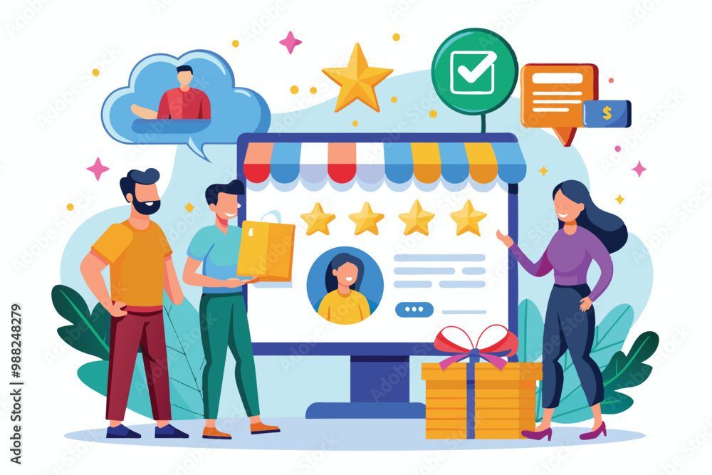 Poster customers interact online, giving feedback and ratings while discussing quality and service in a vib