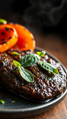 Close-up of Grilled Steak with Basil and Grilled Peppers on a Plate
