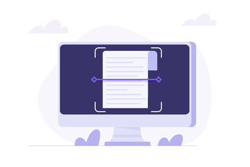 Document Text Recognition Concept: Depicts scanning a text file , using AI for text recognition. Represents the process of OCR (Optical Character Recognition) technology to convert images of text