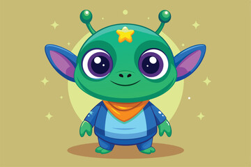 Obraz premium A vibrant cartoon alien character smiles cheerfully, featuring big eyes and colorful attire with a star on its head, ready for imaginative customization.