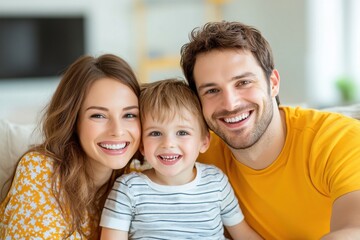 Fototapeta premium Happy Family Bonding on Couch, Watching TV Show Together with Laughter and Joy