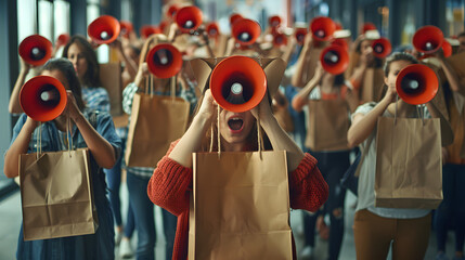 Angry frustrated disappointed mad emotional anonymous adult crowd protests with shopping bag disguise on heads, screams in megaphone loud speakers, demands justice for customer scam
