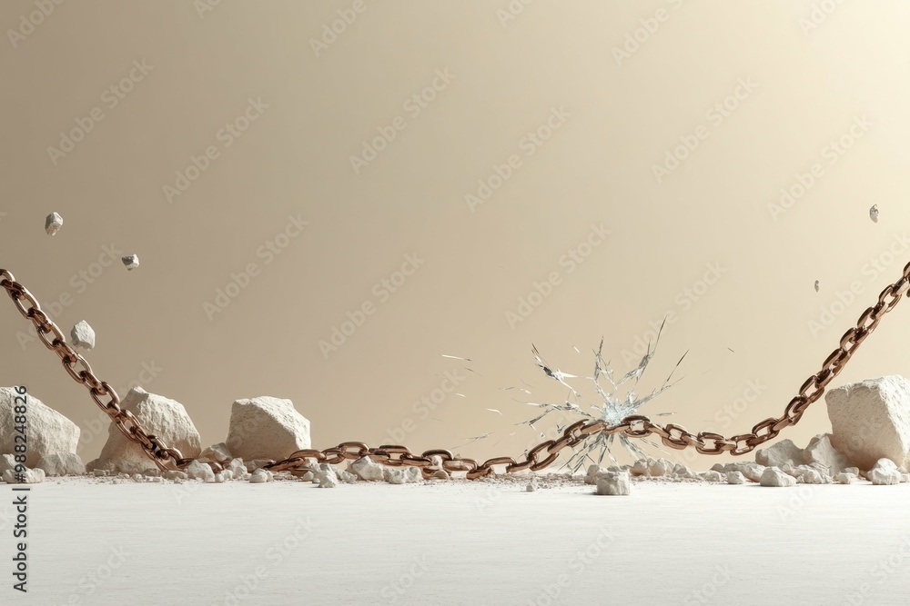 Poster a shattered chain on a flat surface, symbolizing the breaking of restrictions on speech, emphasizing