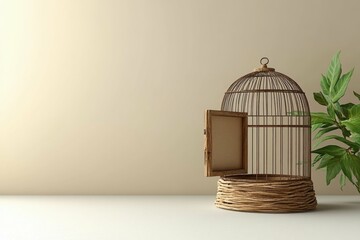 A small birdcage with its door open, symbolizing freedom of speech, representing the idea of liberation and the importance of expressing oneself without fear.
