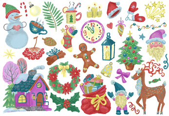 Design set with watercolor objects and elements for christmas and new year holidays. Seasonal greetings concept. Colorful cartoon doodle illustrations and cliparts