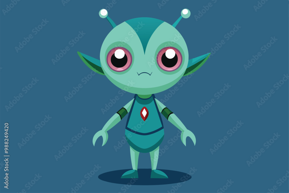 Poster a cute alien character with large eyes, standing upright, featuring customizable elements in a vibra