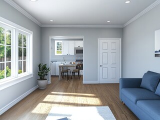 A photorealistic interior rendering of an American-style small home, showcasing the bright and airy living room with light gray walls, white door frames. Created with Ai